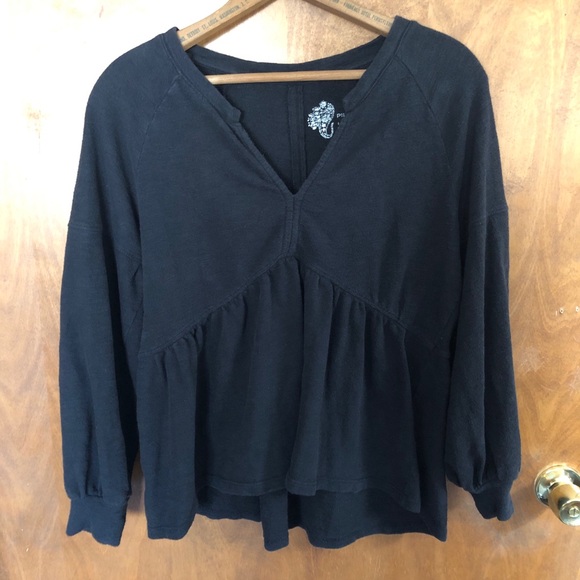 Anthropologie Pilcro Knit Long Sleeve Babydoll Top Black Oversized Puff Sleeve - Picture 2 of 14
